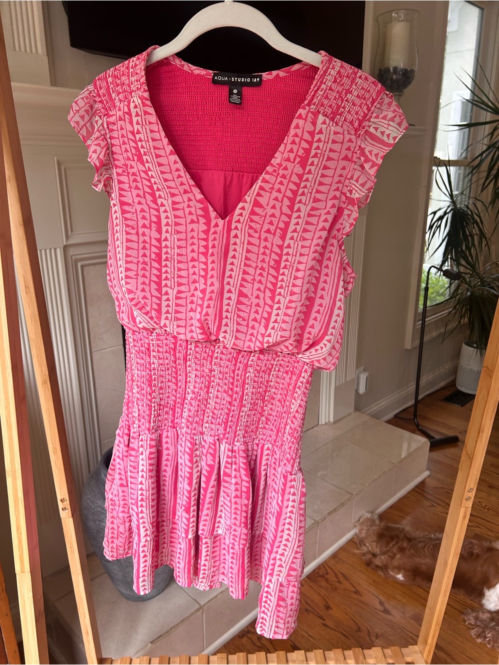 *can’t ship until 05/16* Aqua Pink Printed V-Neck Smocked Mini Dress